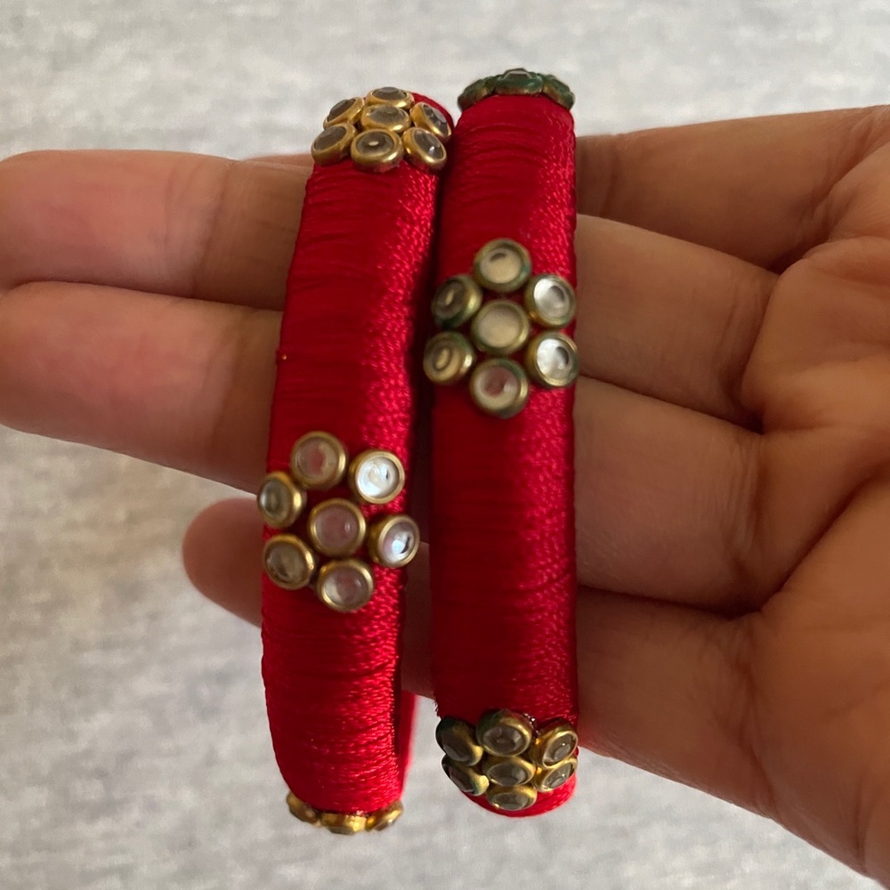 Red Silk Wrapped Kundan Flower Bangle Set - Women Jewelry